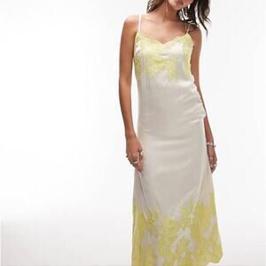Topshop Satin Midi Slip Dress - Ivory Cream & Lime Green Lace Trim Cami NWT 10